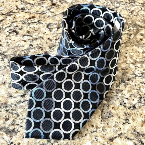 Michael Kors Neck Tie Navy Blue Silver Circle Polka Dot Tie Designer Classic - Picture 1 of 9